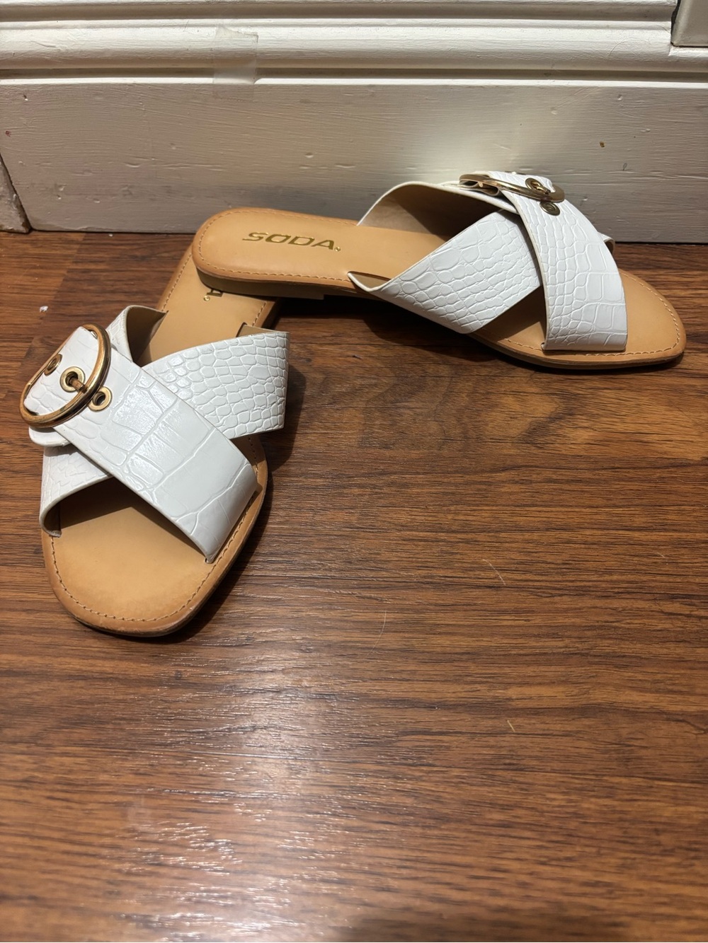 Soda White Croc-Embossed Slide Sandals with Gold Buckle